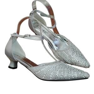 Ashro Silver Rhinestone Embellished Ankle Strap Kitten Heel Dress Shoes Size 8M